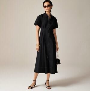 J.Crew A-Line Zip Shirtdress Womens 6 Black Cotton Poplin Midi Short Sleeve
